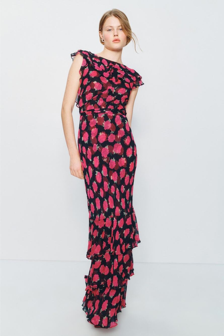 RIXO Rio Vintage Rose Black Pink Floral Maxi Dress Size 8 Belted